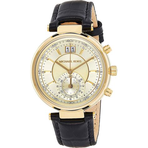 Michael Kors Sawyer Champagne Dial Black Leather 